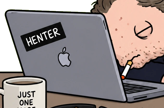the laptop, lid up, still warm, the sticker still on it
